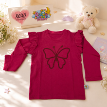 Load image into Gallery viewer, Dreamy Doodles Raspberry Butterfly Ruffle Sleeve Girls Top
