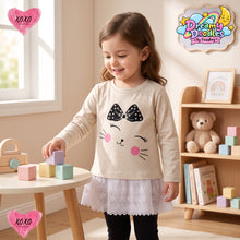 Load image into Gallery viewer, Dreamy Doodles Beige Kitty Bow Lace Hem Girls Top
